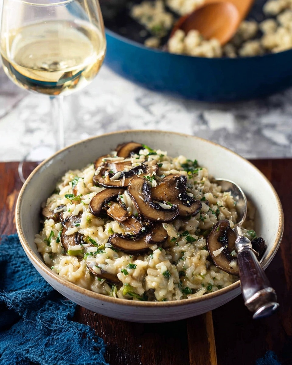A white bowl filled with creamy risotto, showing small grains mixed with green herbs and creamy sauce. On top, there are several brown, cooked mushroom slices arranged in the center. The bowl is on a dark wooden surface, but the background is a soft white marbled texture. Behind the bowl, there is a glass of white wine and a blue pan with a wooden spoon inside it, slightly out of focus. A fork and spoon with dark handles are placed near the bowl, and a woman's hand holds the spoon inside the bowl. Photo taken with an iphone --ar 4:5 --v 7