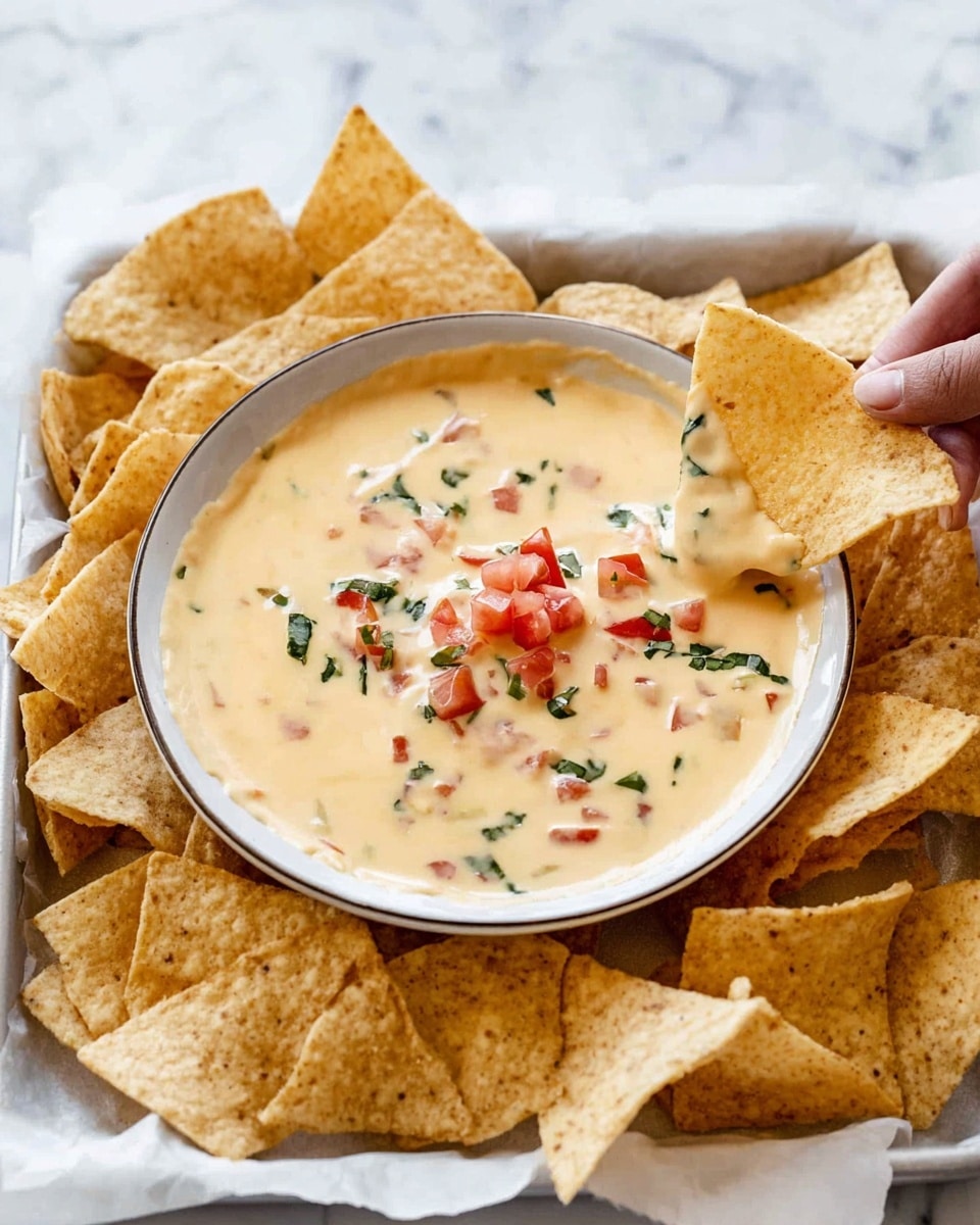 A bowl filled with creamy, light yellow cheese dip topped with small pieces of red tomatoes and green herbs sits in the center. Surrounding the bowl are many crispy, lightly golden tortilla chips arranged in a white tray lined with white paper. The background is a white marbled surface, adding a clean and fresh look. One woman's hand is gently holding a chip dipped partially into the cheese. photo taken with an iphone --ar 4:5 --v 7