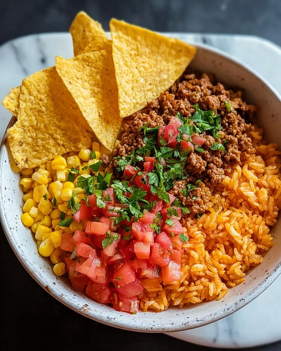 Doritos Taco Bowl with Ground Beef, Rice, and Fresh Toppings Recipe