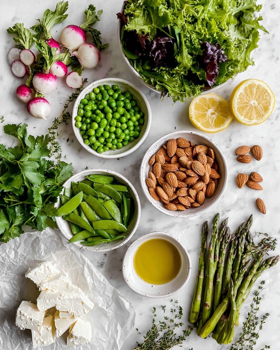A top view image shows various fresh ingredients arranged on a white marbled surface. There are five white bowls: one with green peas, one with sliced radishes, one with asparagus stalks, and two with light brown almonds and golden olive oil. A pile of leafy mixed greens in a white bowl is in the upper middle, next to a bunch of bright green cilantro leaves and two lemon halves, one upright and one leaning. In the lower left corner, a cluster of white cheese pieces sits on white parchment paper. Fresh thyme sprigs are spread near the lower right, with a few almonds scattered nearby. The photo was taken with an iphone --ar 4:5 --v 7