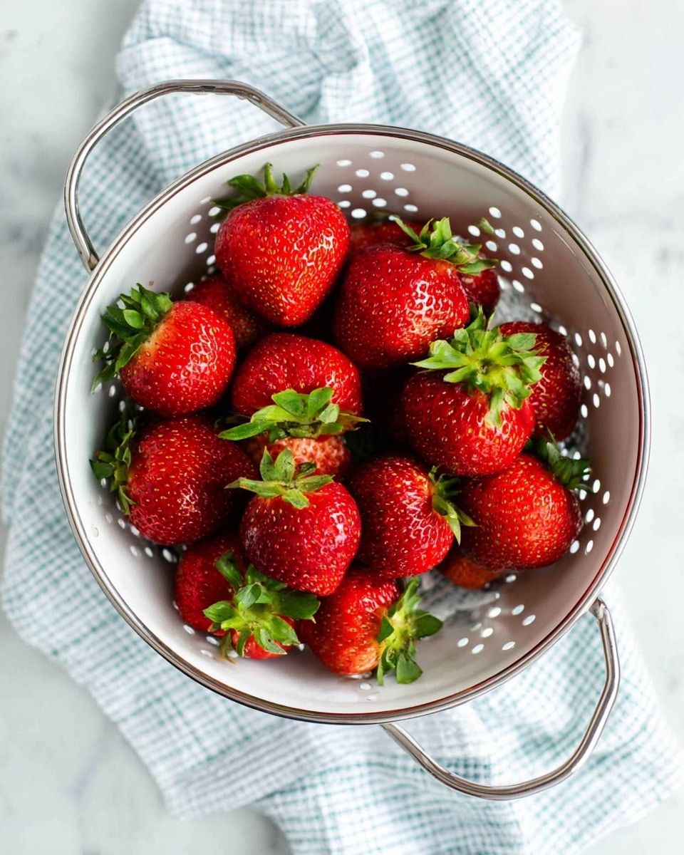 A top view of a white colander filled with fresh, large strawberries. The strawberries are vibrant red with small seeds and green leafy tops. The colander has two metal handles and small holes around its sides. It is placed on a white marbled surface with a light blue and white checkered cloth partially visible underneath. The strawberries are arranged closely and appear fresh and ripe. photo taken with an iphone --ar 4:5 --v 7