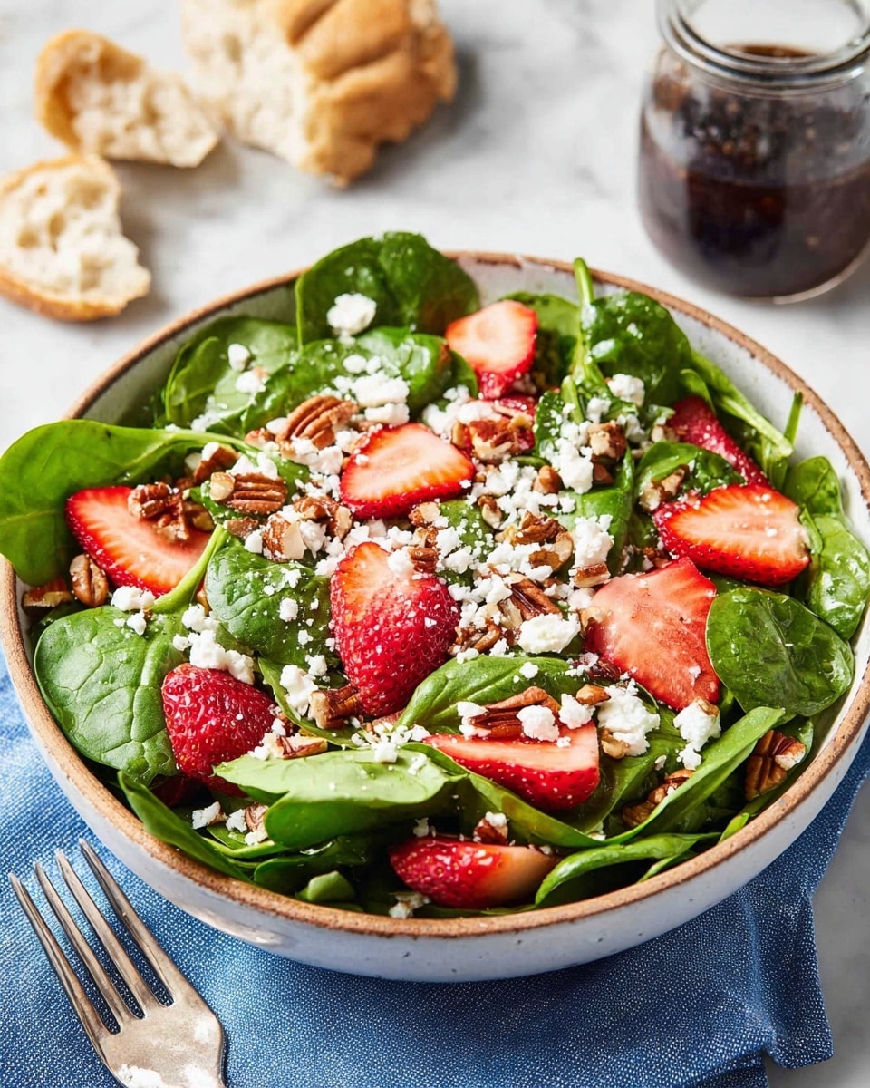 A wooden bowl filled with a colorful salad sits on a white marbled surface next to a blue and white striped cloth. The salad shows three main layers: bright green spinach leaves as the base, fresh red strawberry slices evenly spread on top, and a mix of chopped brown pecans and crumbly white cheese sprinkled over everything. To the left, there is a clear glass jar with dark brown dressing and a spoon inside. Small pieces of pecans are scattered around the bowl. photo taken with an iphone --ar 4:5 --v 7
