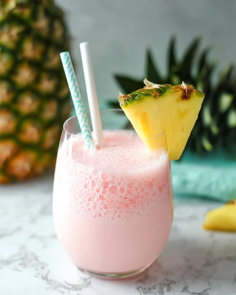 The image shows a glass filled with a light pink foamy drink that has small bubbles on top. The glass is placed on a white marbled surface. There are two straws inside the drink, one plain white and the other light blue with a wavy pattern. A fresh yellow pineapple slice with green edges is attached near the rim of the glass. In the background, a pineapple can be seen slightly out of focus. photo taken with an iphone --ar 4:5 --v 7