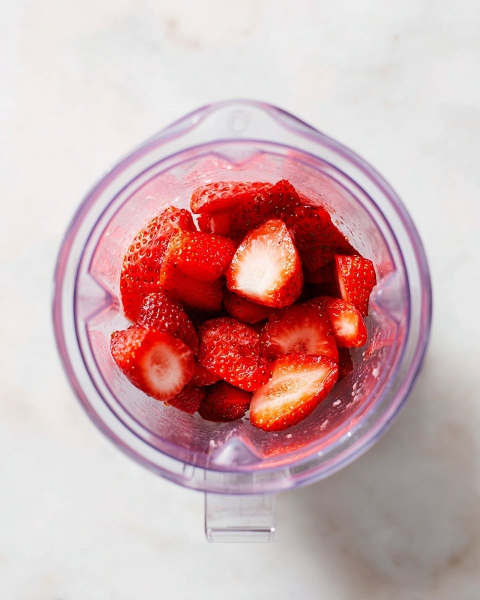 A clear plastic blender cup is shown from above on a white marbled surface. Inside the cup, there is one visible layer of bright red strawberry slices with some darker red seeds and moist, shiny texture. The strawberries are placed loosely at the bottom center of the cup, with varied sizes and shapes. The photo has soft natural light and no other objects are present. Photo taken with an iphone --ar 4:5 --v 7