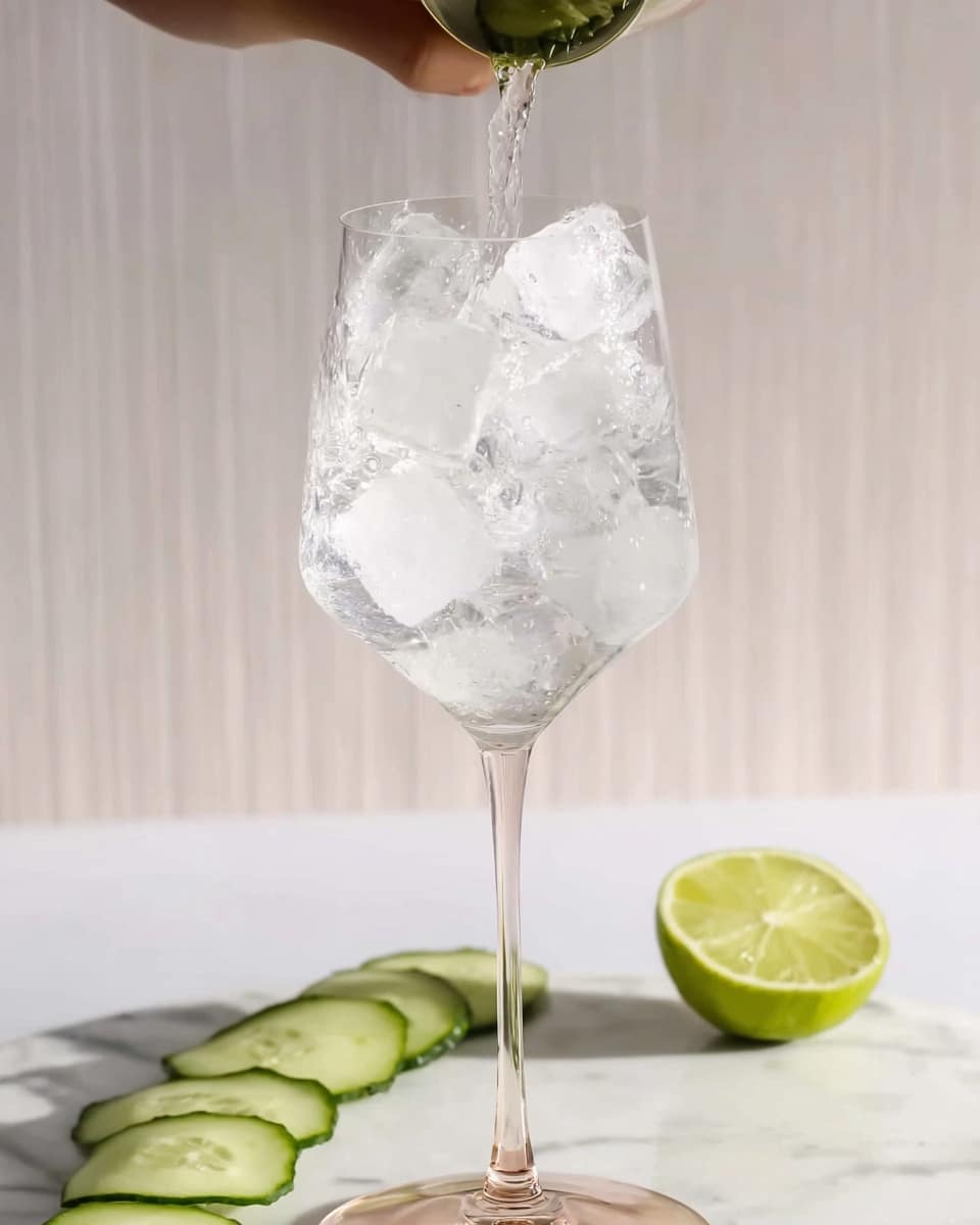A tall, clear wine glass is filled with large, clear ice cubes being poured by a woman's hand from above. The glass has a long, thin stem and is placed on a white marbled surface. In the background on the white marbled surface, there are several cucumber slices arranged in a slight curve on the left side and a halved lime with its bright green inside visible on the right side. The backdrop is a light color with vertical lines adding gentle texture. Photo taken with an iphone --ar 4:5 --v 7