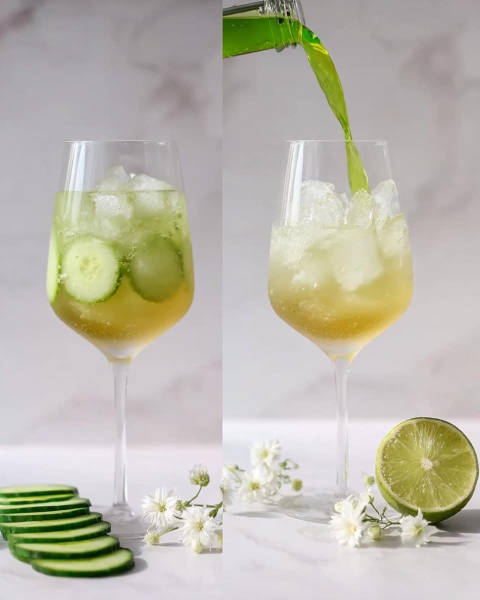 A tall clear glass filled with a light green drink with ice cubes inside, topped with a decorative curled cucumber peel pinned with a small gold ball, and a small white flower resting on the side of the glass rim. The glass is held by a woman's hand wearing a white ribbed sleeve, placed on a white marbled surface next to thin cucumber slices and half a lime, with small white flowers scattered nearby. Photo taken with an iphone --ar 4:5 --v 7