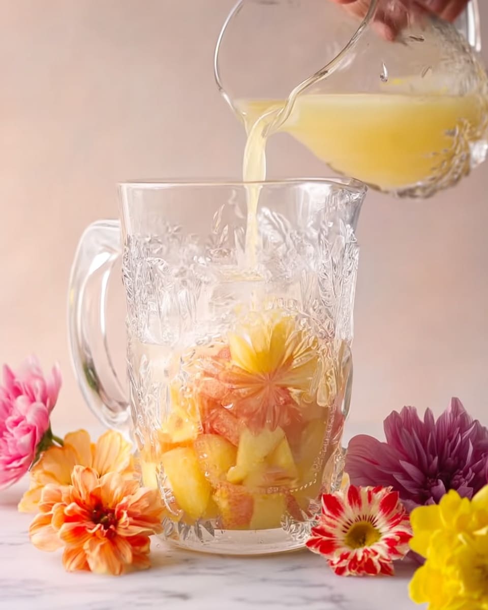 A clear textured glass pitcher with decorative raised patterns is filled with ice cubes at the bottom, followed by chunks of light orange and yellow fruit. Pale yellow juice is being poured from a glass jug by a woman's hand into the pitcher, creating a refreshing layered look. The scene includes colorful flowers like pink, yellow, and red around the base of the pitcher, all set on a white marbled surface. The soft lighting highlights the different textures and colors vividly. photo taken with an iphone --ar 4:5 --v 7