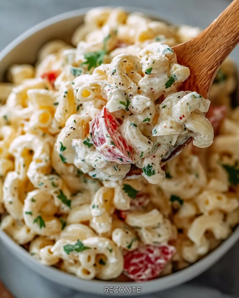 The image shows a close-up of a creamy macaroni salad with three main layers: the pale yellow curved elbow macaroni coated in a smooth, white creamy dressing, the vibrant red chunks of tomatoes scattered throughout, and green parsley leaves sprinkled over for freshness. The macaroni looks soft and shiny, mixed evenly with the dressing and small specks of black pepper. A wooden spoon holds up a scoop of the salad from a white bowl filled with the same mixture, all placed on a white marbled surface. The photo taken with an iphone --ar 4:5 --v 7