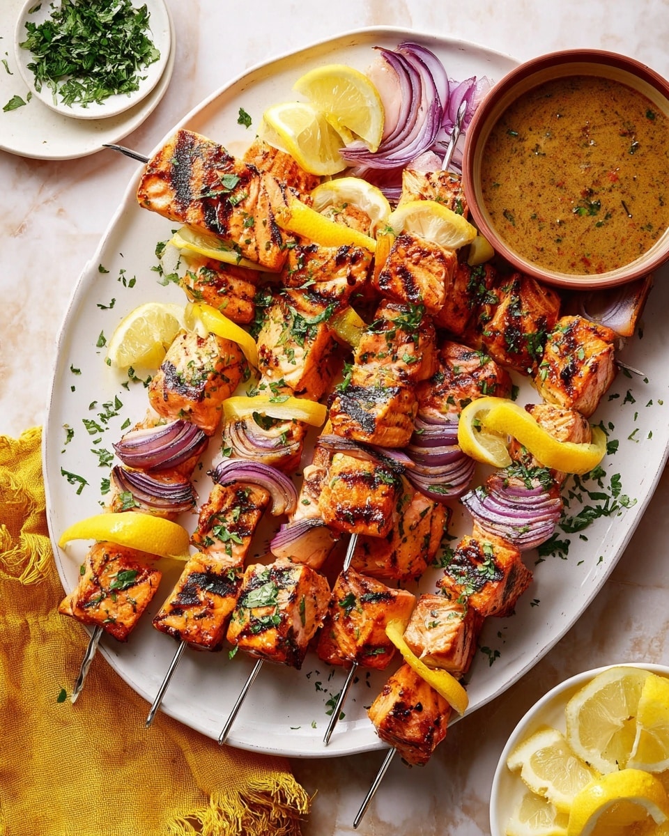 The image shows several metal skewers with pieces of grilled salmon in orange color, each piece with char marks, layered with bright yellow lemon slices and purple-red onion wedges. The skewers are arranged on a large white plate set on a white marbled surface. On the right side of the plate, there is a small bowl with a brown and cream interior filled with a brown sauce topped with chopped green herbs. Around the plate, there are extra lemon wedges on a small white plate and a yellow cloth napkin nearby. The grilled items are sprinkled with fresh green herbs. photo taken with an iphone --ar 4:5 --v 7