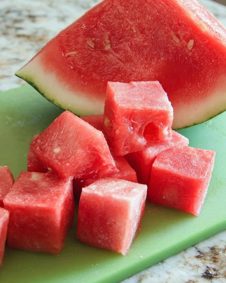 A close-up shot of a watermelon wedge showing rough green skin and two thick layers of red and lighter pink flesh. Inside the watermelon, several large, juicy red cubes with visible seeds are tightly packed, while a few cubes are placed neatly on a green cutting board in front. The texture of the watermelon flesh looks moist and slightly soft. The setting is on a white marbled surface. Photo taken with an iphone --ar 4:5 --v 7