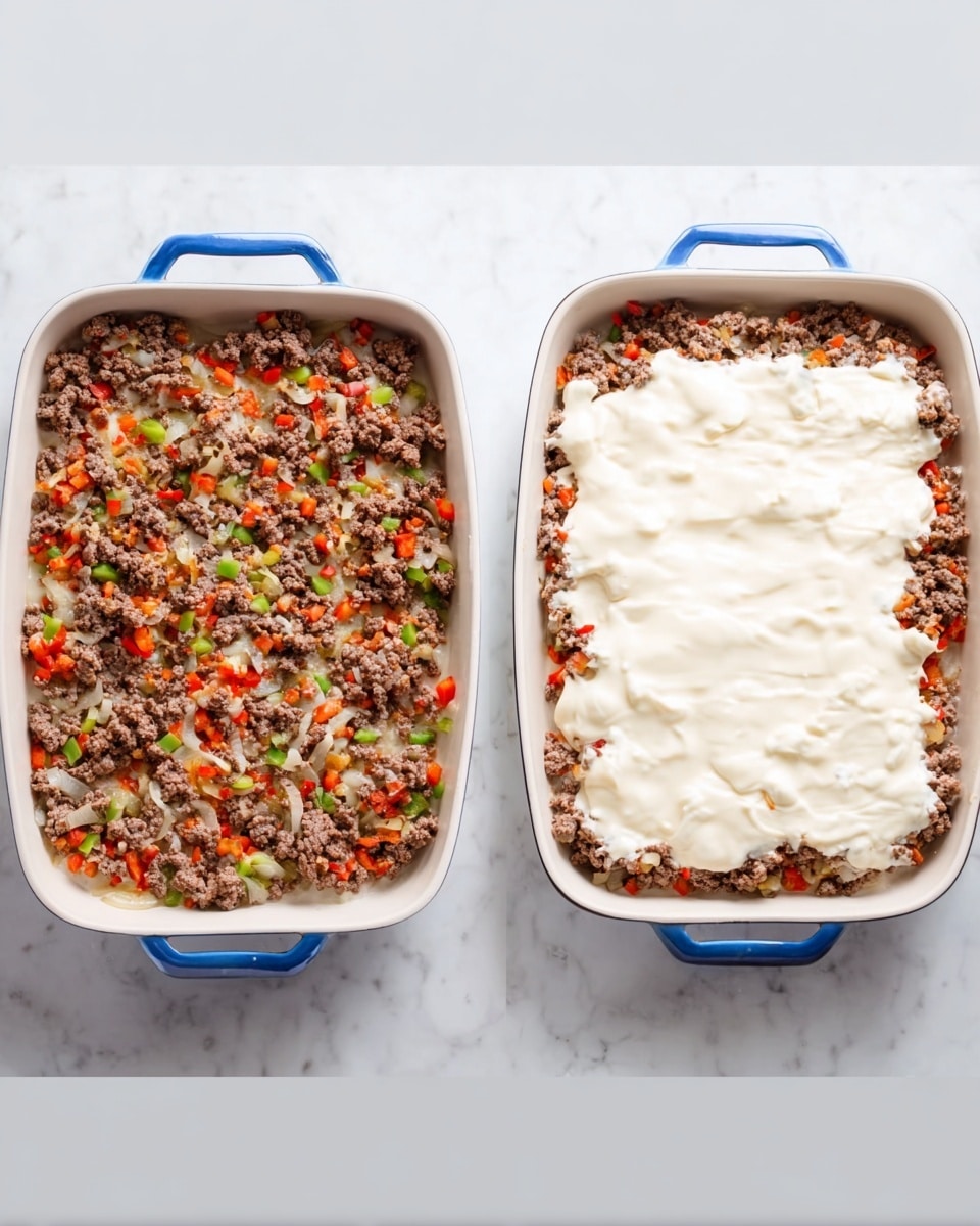 The image shows two white baking dishes with blue handles on a white marbled surface. The dish on the left has a base layer of cooked ground meat mixed with small pieces of onion, green peppers, and red peppers, spread evenly across the dish. The dish on the right has the same meat and vegetable mixture as the base layer, but it is topped with a thick creamy white sauce spread unevenly, partially covering the meat and vegetables underneath. The texture of the meat is crumbly, and the sauce looks smooth and rich. photo taken with an iphone --ar 4:5 --v 7