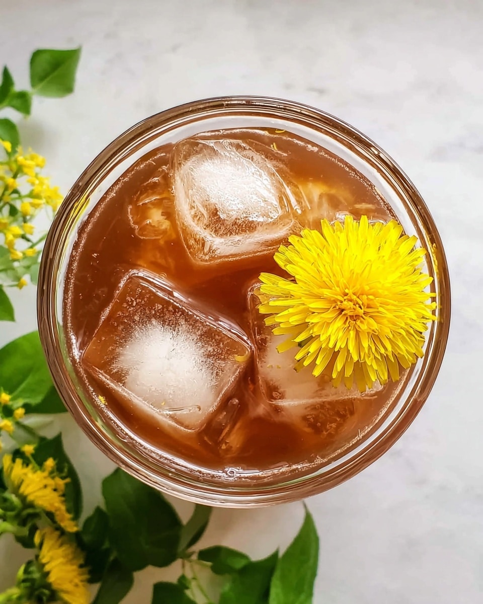 A top view of a clear glass filled with a brown iced drink with three visible ice cubes floating inside. On the drink's surface near the right edge, there is a bright yellow dandelion flower as decoration. The background is a white marbled texture with a hint of green leaves showing in the lower left corner. photo taken with an iphone --ar 4:5 --v 7
