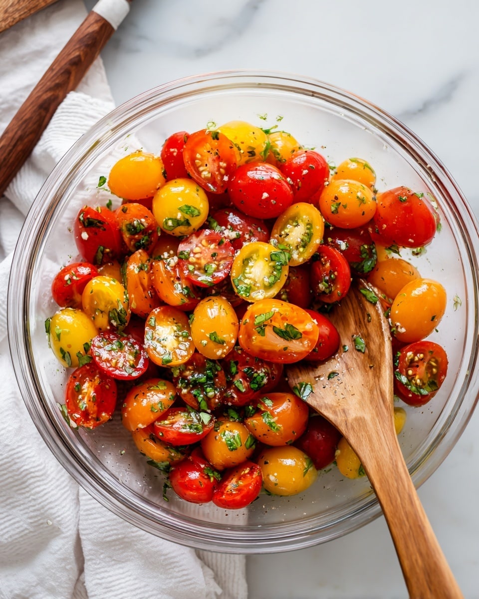 A clear glass bowl holds a colorful mix of halved cherry tomatoes in shades of red, yellow, and orange, all coated in a light dressing with small green basil pieces scattered throughout. A wooden spoon with a simple, smooth texture rests inside the bowl, positioned on the right side. The bowl sits on a white marbled surface, with a white cloth underneath it. A wooden knife handle and part of a folded white towel are visible near the bowl, along with a bright seasoning container in the top right corner. photo taken with an iphone --ar 4:5 --v 7