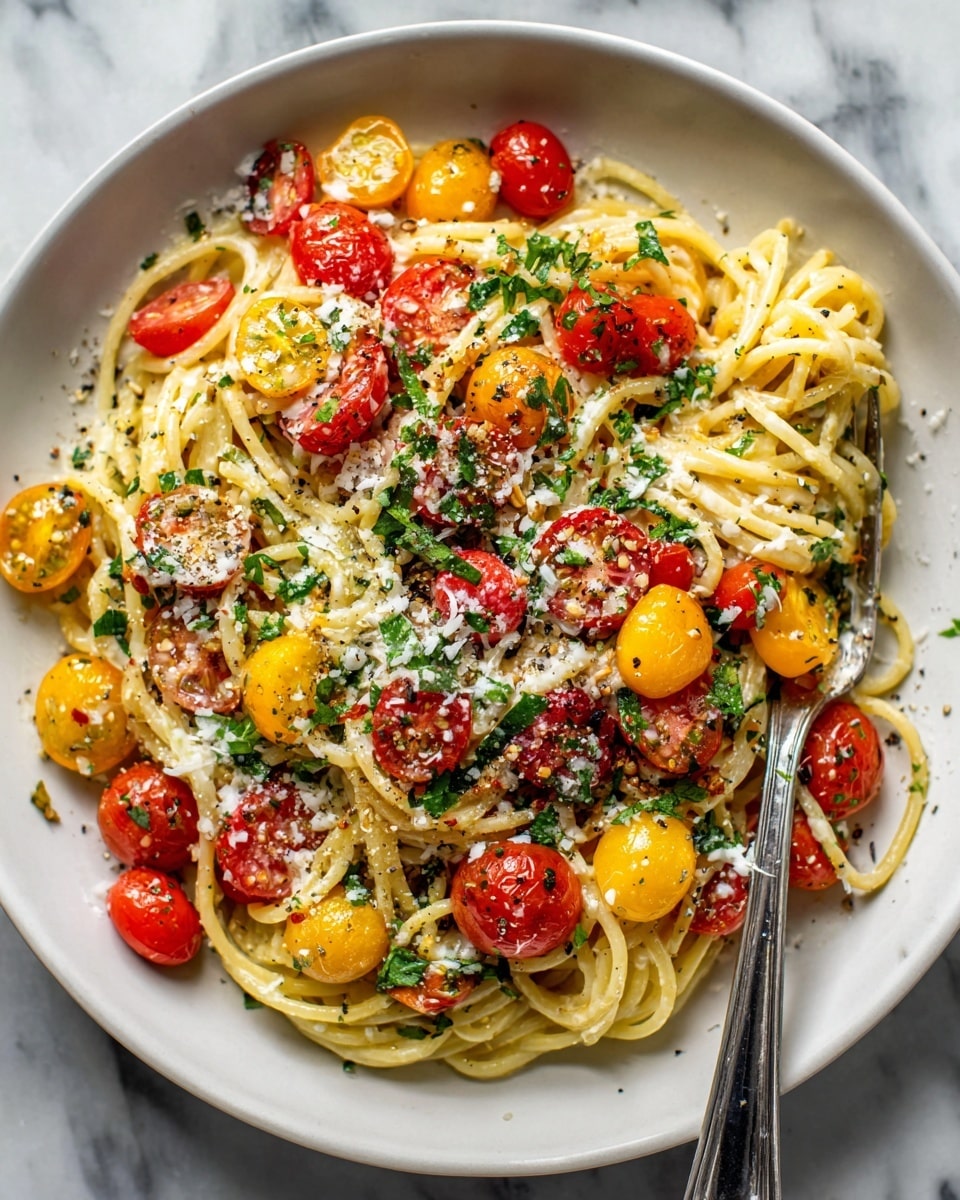 The dish shows a plate of thin strands of pasta arranged in a loose, rounded pile. Scattered on top and around the pasta are halves of red and yellow cherry tomatoes, some slightly crushed, adding bright spots of color. Small green basil leaves are sprinkled across, along with a light dusting of grated cheese and a few flakes of black pepper. A silver fork rests partially inside the pasta on the right side. The plate is white and the background surface is a white marbled texture. Photo taken with an iphone --ar 4:5 --v 7