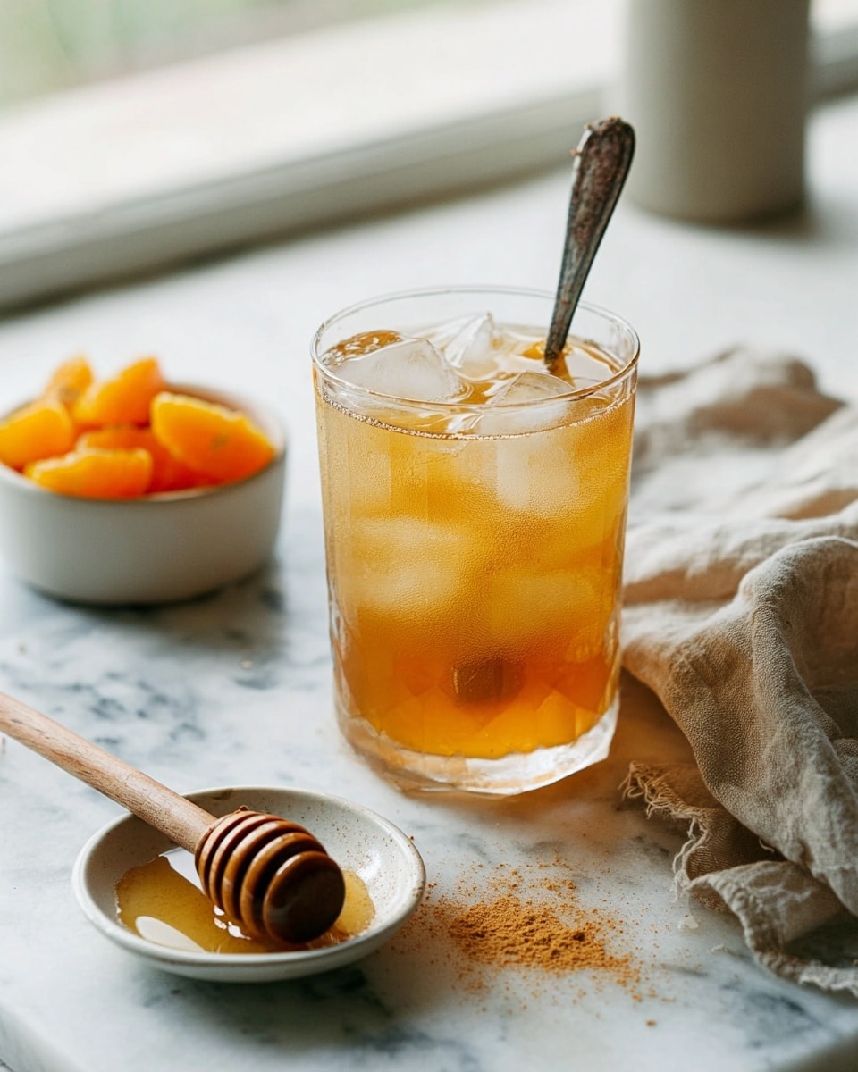 A clear glass filled with a light amber colored drink with ice cubes inside, positioned in the center on a white marbled surface. A spoon with a slightly worn metal texture is standing upright inside the glass, partially submerged in the drink. To the left, there is a small white bowl with orange fruit pieces inside, showing their bright and juicy texture. In front of the glass, a wooden honey dipper with honey dripping off it rests on a small white dish that has a small pool of honey. Light brown powder is lightly sprinkled near the glass, adding texture to the scene. A crumpled beige cloth lies casually on the right side of the frame. The overall lighting is soft and natural, giving a fresh and inviting feel. Photo taken with an iphone --ar 4:5 --v 7