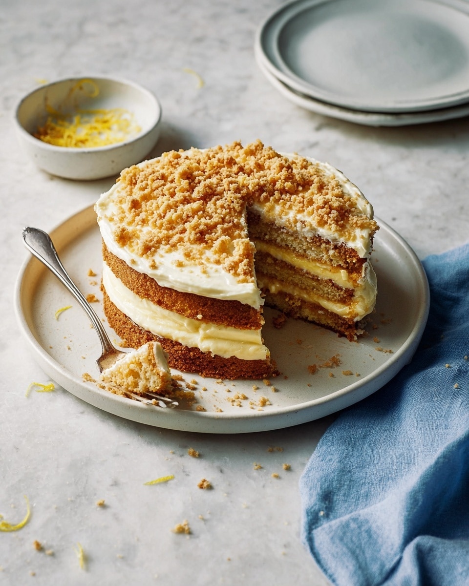 A three-layer cake sits on a round white plate on a white marbled surface. Each cake layer is golden brown, separated by a smooth pale yellow cream filling. The top layer of cream is thickly spread and covered with a crumbly golden-brown topping that looks slightly coarse. A silver fork rests on the plate, holding a small piece of cake with cream and crumbs. Near the cake plate, there is a small white bowl filled with more crumbs and some lemon zest on the side. A blue cloth napkin lies to the right of the plate. The scene is softly lit, showing texture and detail clearly. Photo taken with an iphone --ar 4:5 --v 7