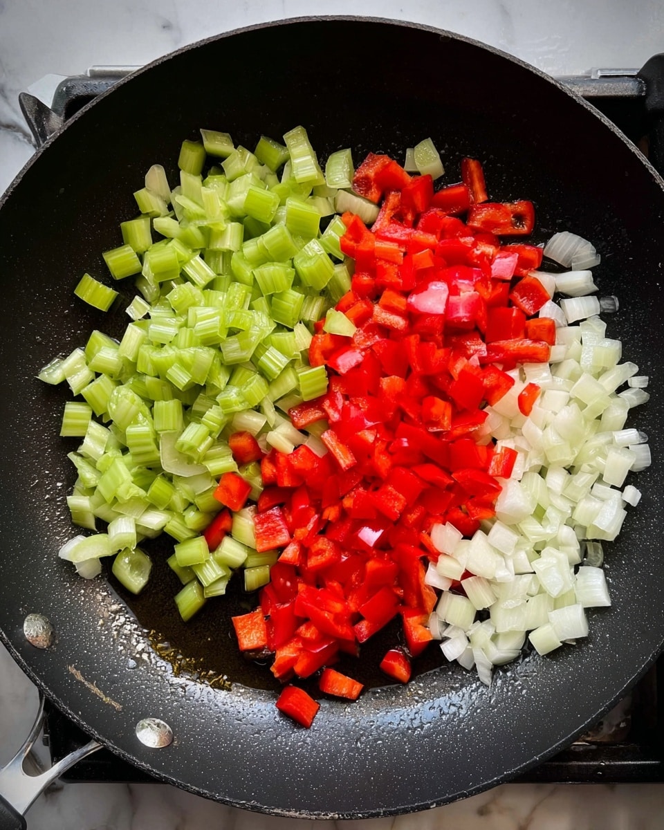 A black frying pan contains three layers of chopped vegetables arranged side by side. On the left, there is a pile of light green celery pieces with a slightly crisp texture. In the middle, bright red bell pepper chunks mixed with a small amount of celery pieces add a vibrant pop of color. On the right, white onion pieces with a smooth and slightly shiny look fill the space. The vegetables rest in a thin layer of oil, making the surface slightly reflective. The pan sits on a white marbled surface. photo taken with an iphone --ar 4:5 --v 7