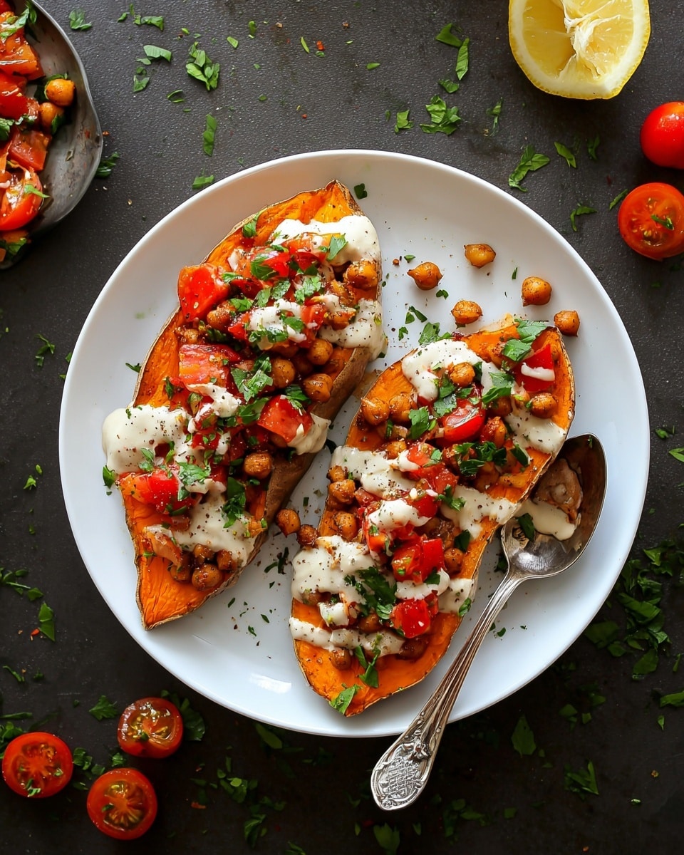 The dish shows two slices of roasted orange sweet potato on a white plate, each slice topped with browned chickpeas, chopped red tomatoes, and bright green parsley. A creamy white sauce is drizzled over the top, adding a smooth texture. The plate rests on a dark surface with scattered bits of parsley, cherry tomatoes, and a lemon wedge nearby. A vintage silver spoon is placed on the plate beside the sweet potatoes, ready for serving. Photo taken with an iphone --ar 4:5 --v 7