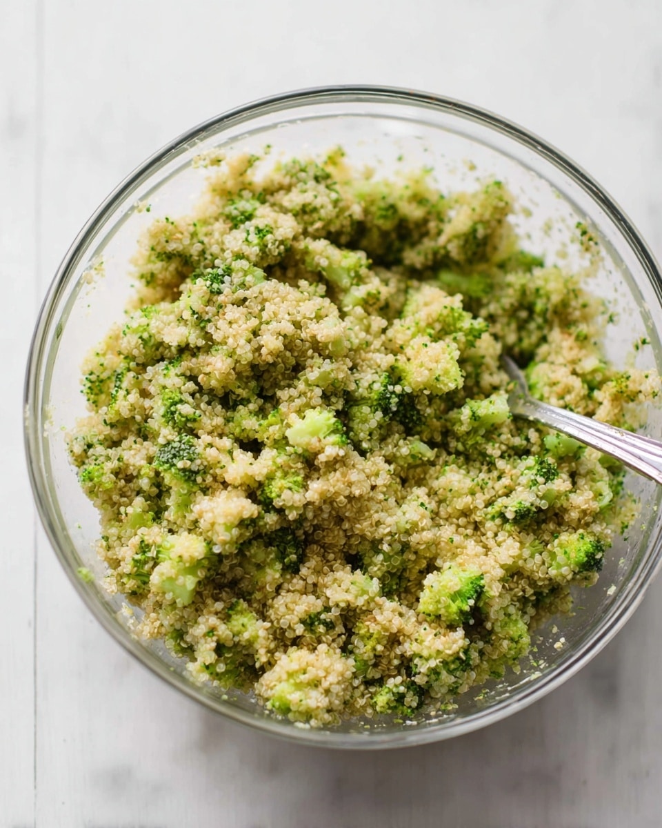 A clear glass bowl holds a mixed dish of finely chopped green broccoli and light beige quinoa grains, combined to form a textured, chunky mixture. The green broccoli bits are small and scattered evenly throughout the light beige quinoa, giving the mix a speckled look. A metal spoon is partially visible on the right side, resting inside the bowl with some of the mixture scooped. The bowl sits on a white marbled surface, and the background is simple with soft lighting highlighting the texture and colors of the mix. photo taken with an iphone --ar 4:5 --v 7