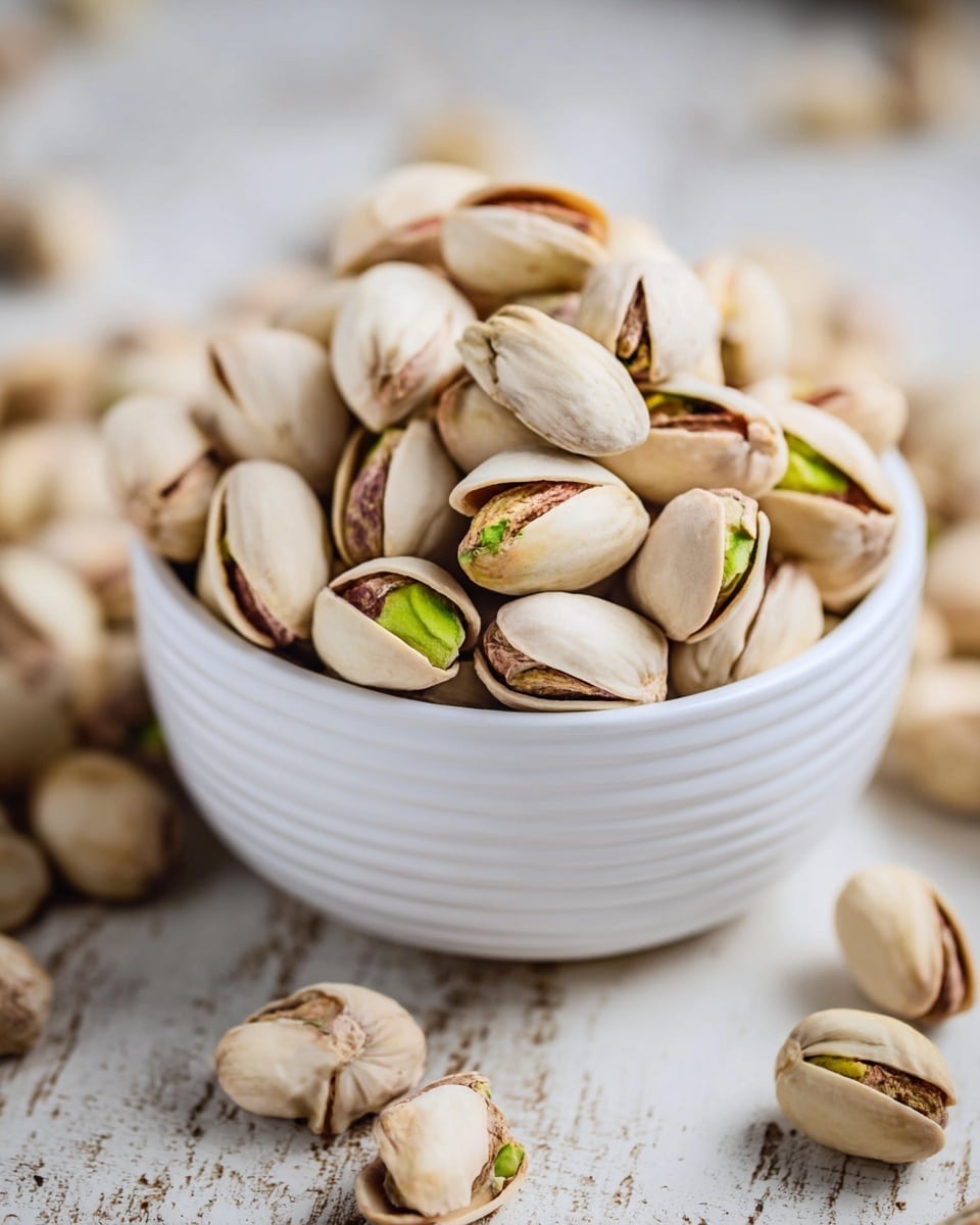 A white bowl filled with two layers of light beige pistachio shells, some open, revealing vibrant green nuts inside, placed on a white marbled textured surface with more pistachios scattered around the bowl, the shells showing a smooth but slightly rough texture with natural cracks and splits visible, the background softly blurred to keep focus on the bowl and nuts photo taken with an iphone --ar 4:5 --v 7