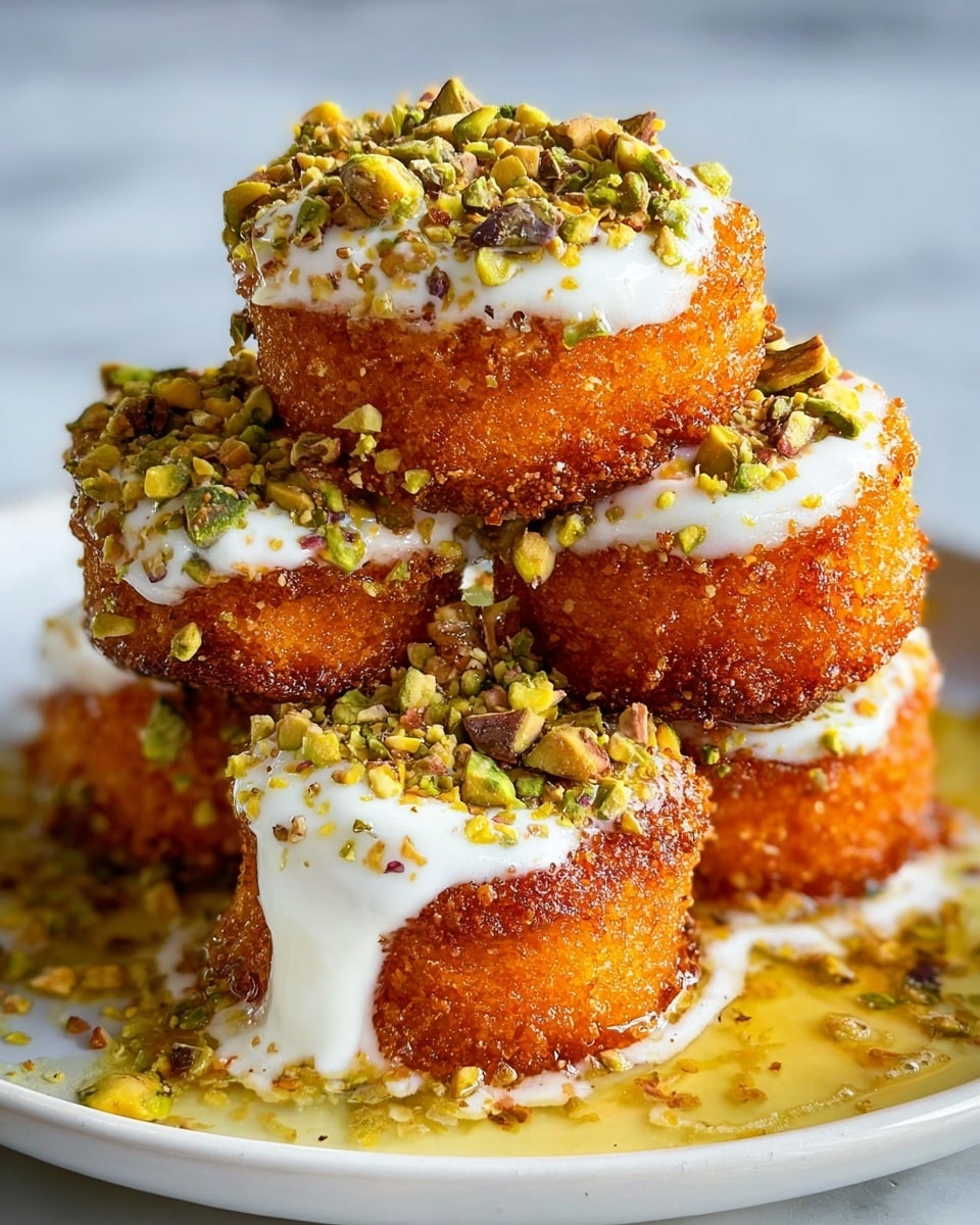 A close-up of small stacked golden-brown fried cakes, each topped with a layer of white cream that gently drips down the sides. The fried cakes have a crunchy texture with a deep orange-brown color. Over the cream, there is a generous sprinkle of green and light brown crushed pistachios, some larger pieces resting on top. The cakes are placed on a white plate with some yellowish syrup pooling at the base. The background features a white marbled texture. photo taken with an iphone --ar 4:5 --v 7