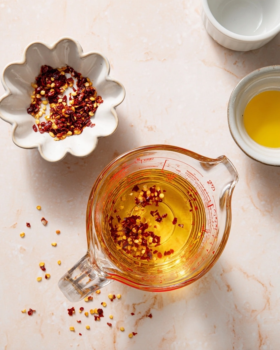 A clear glass measuring cup filled with golden oil mixed with red chili flakes sits on a white marbled surface. Above it, a white scalloped bowl holds a small pile of red chili flakes and seeds, with a few flakes scattered around the bowl on the surface. Nearby, a small white ceramic bowl is empty, and a small, clear glass dish with a yellow liquid is placed to the side. The scene is bright and clean, showing ingredients in preparation. photo taken with an iphone --ar 4:5 --v 7