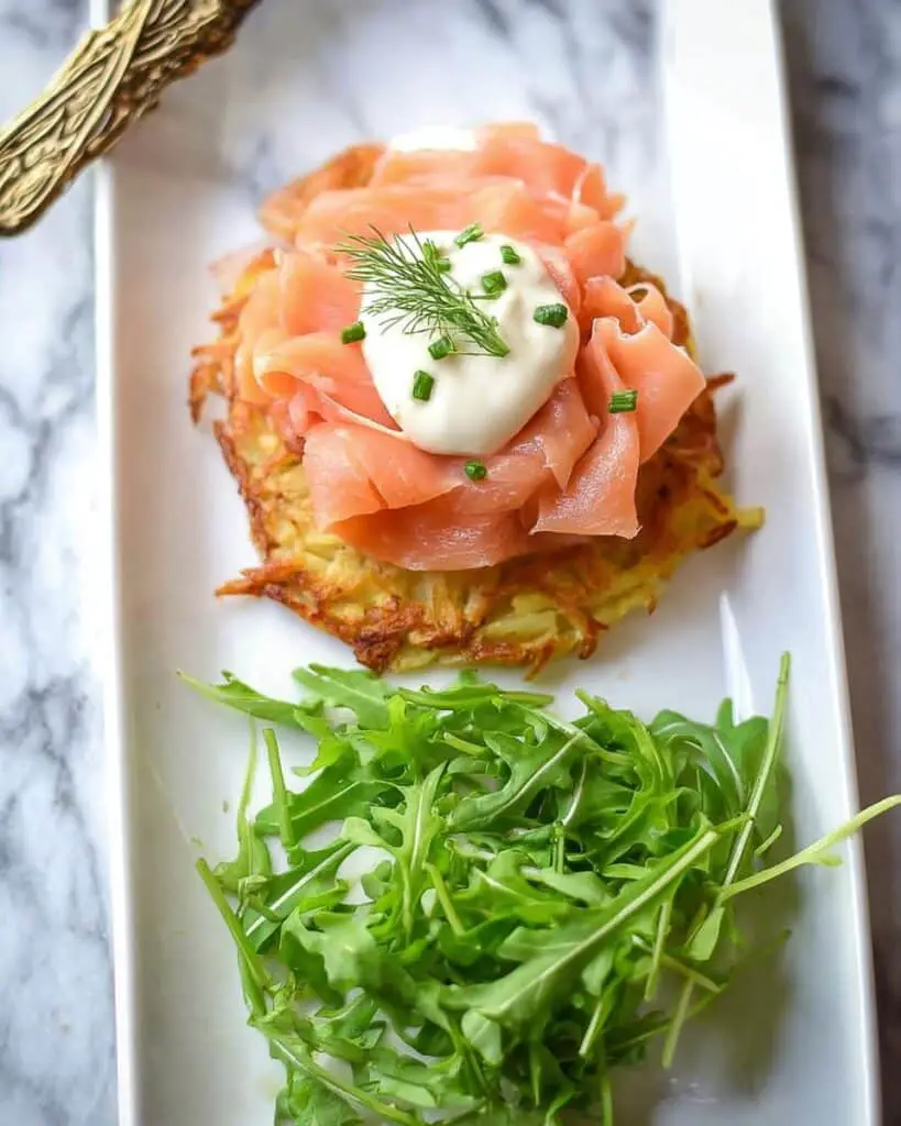 Potato Rosti Stack with Smoked Salmon, Sour Cream, and Dill Recipe