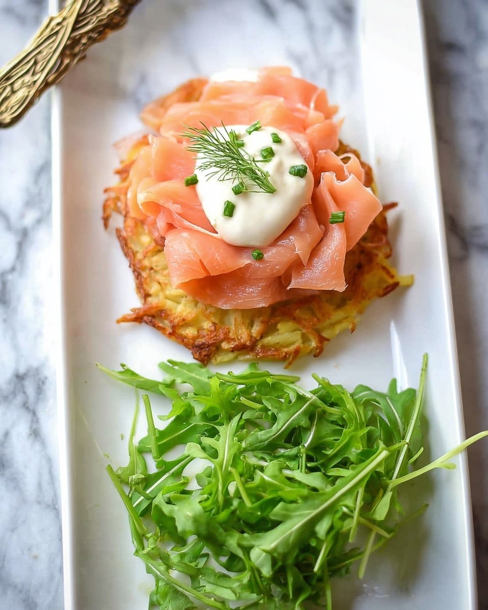 Potato Rosti Stack with Smoked Salmon, Sour Cream, and Dill Recipe