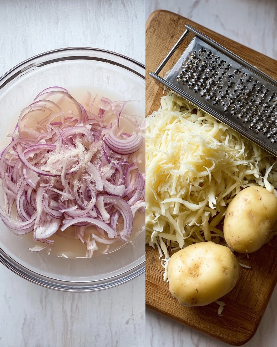 The image shows two parts: on the left, a clear glass bowl contains sliced red onions soaked in a pale pink liquid, with sugar sprinkled on top; the onion slices are thin and have a translucent quality. On the right side, a wooden board holds a large pile of shredded white potatoes next to four peeled whole potatoes. A metal box grater stands behind the shredded potatoes, with some shredded pieces stuck to it. The surface under the bowl and board is a white marbled texture photo taken with an iphone --ar 4:5 --v 7