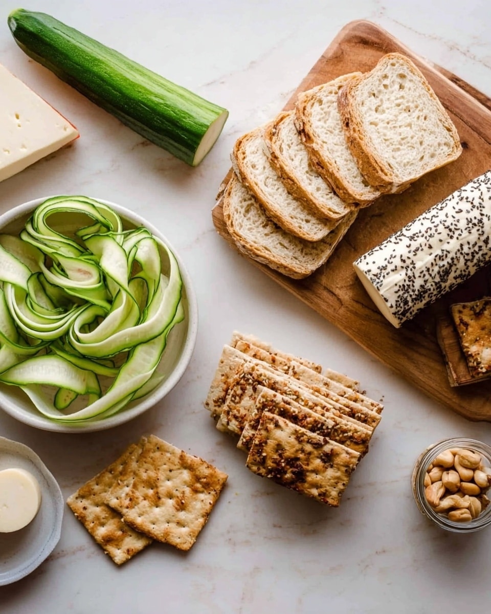 The image shows a white marbled surface with several food items arranged neatly. There is a white bowl filled with green vegetable ribbons that look like thinly sliced cucumber arranged in loose curls on the left side. Near it, a whole green cucumber lies diagonally. Above this, a wooden cutting board holds multiple slices of light brown bread, stacked in a slight spread, and next to it sits a small log of cheese coated with black and white seeds. Below the board are several rectangular crackers stacked unevenly, showing their toasted golden-brown color. To the right, a small clear glass jar contains light brown nuts. In the lower left corner are two halves of a round cheese with a smooth white surface. Photo taken with an iphone --ar 4:5 --v 7