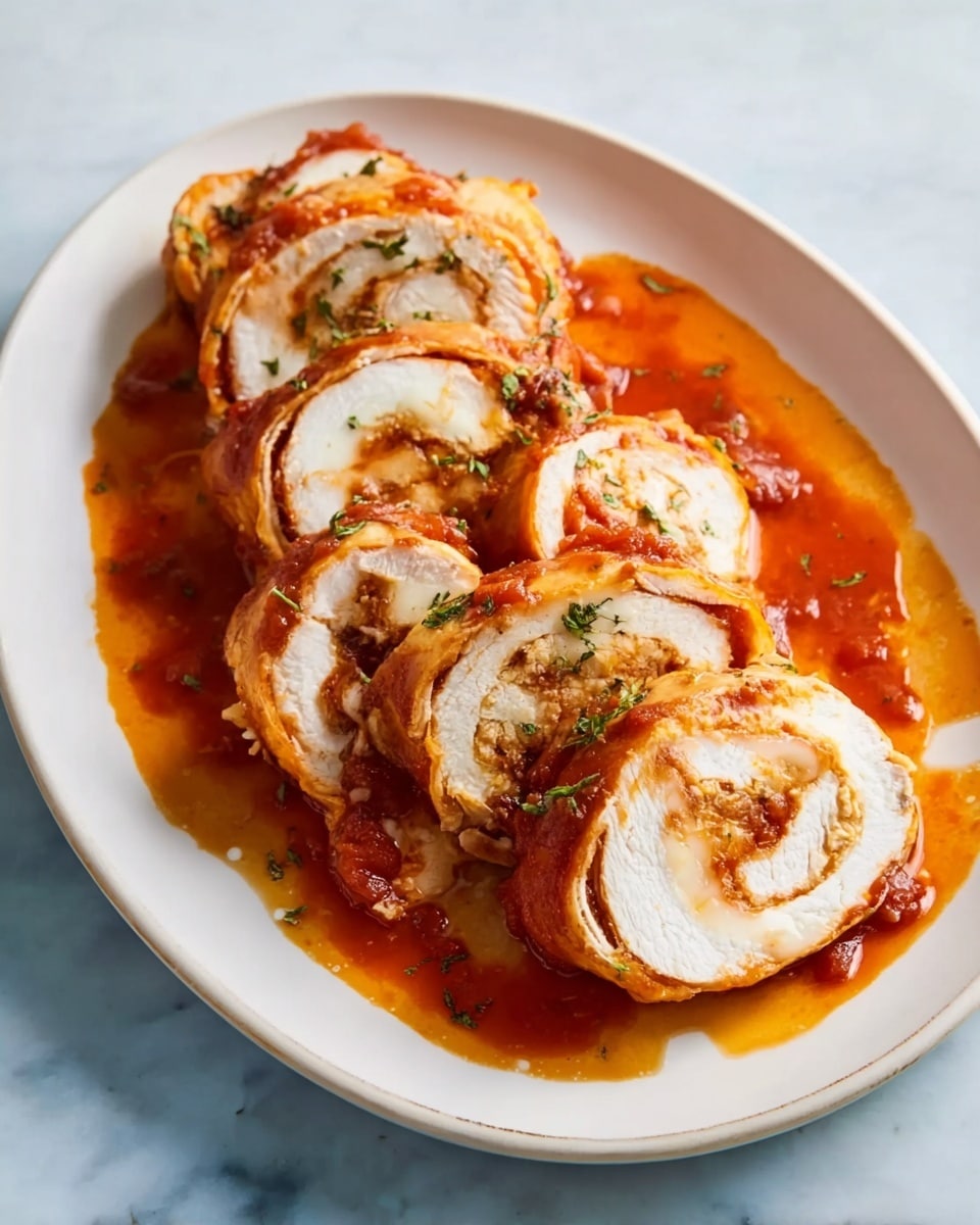 A white oval plate holds several sliced pieces of rolled chicken filled with layers of red sauce and melted light orange cheese. The chicken slices are thick, showing the white meat with a swirl of red sauce and cheese inside. The pieces are arranged close together in a line with extra red sauce spread around and on top of the slices, adding a shiny and moist look. The plate is set on a white marbled surface. photo taken with an iphone --ar 4:5 --v 7