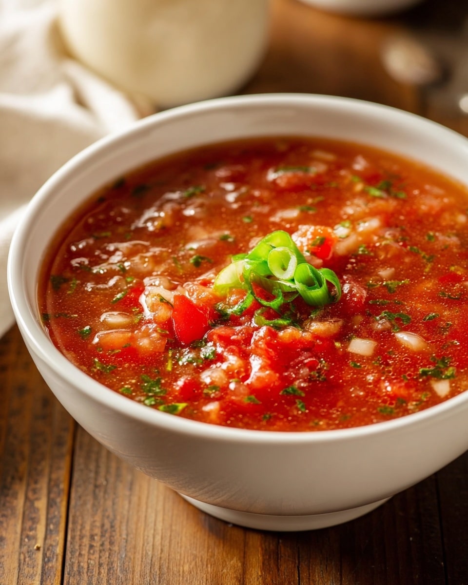 A white bowl filled with a chunky red soup that has visible pieces of tomato, white onions, and green herbs mixed throughout. On top, there is a small garnish of sliced green onions in the center. The soup has a slightly glossy, thick texture with a rich reddish color. The bowl sits on a wooden surface with blurred background items in soft cream tones. photo taken with an iphone --ar 4:5 --v 7