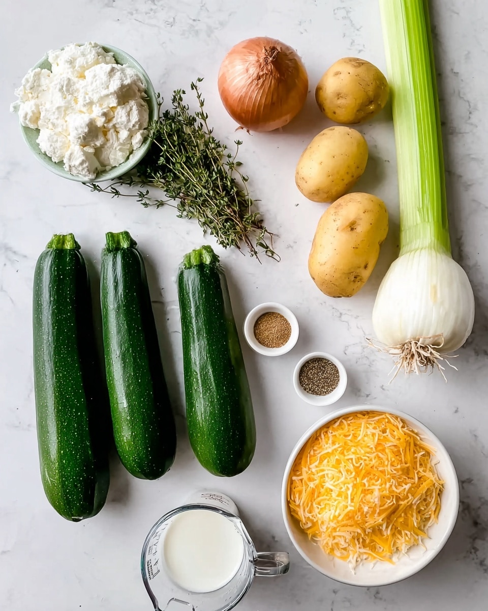 The image shows fresh ingredients arranged neatly on a white marbled surface. There are four dark green zucchinis placed side by side on the left, next to a small bunch of fresh thyme with green leaves. Above the zucchinis is a whole brown onion and a head of white garlic. To the right of the thyme is a long, bright green celery stalk. Near the top right are two yellow potatoes, slightly spaced apart. A small white bowl filled with orange shredded cheese sits below the zucchinis, while a clear glass measuring cup with milk is placed near the celery. A small white dish containing black pepper and a light brown spice powder is also visible. At the top center, a small white bowl holds white cottage cheese. Photo taken with an iphone --ar 4:5 --v 7