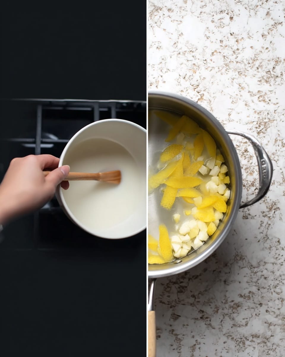 The image is split into two parts. On the left side, a woman's hand holds a white bowl above a silver pot on a black stove; inside the pot is a wooden spoon with a long handle resting upright. On the right side, a close-up top view shows a silver pot filled with water and yellow and white peels floating on the surface, all placed on a white marbled texture. photo taken with an iphone --ar 4:5 --v 7