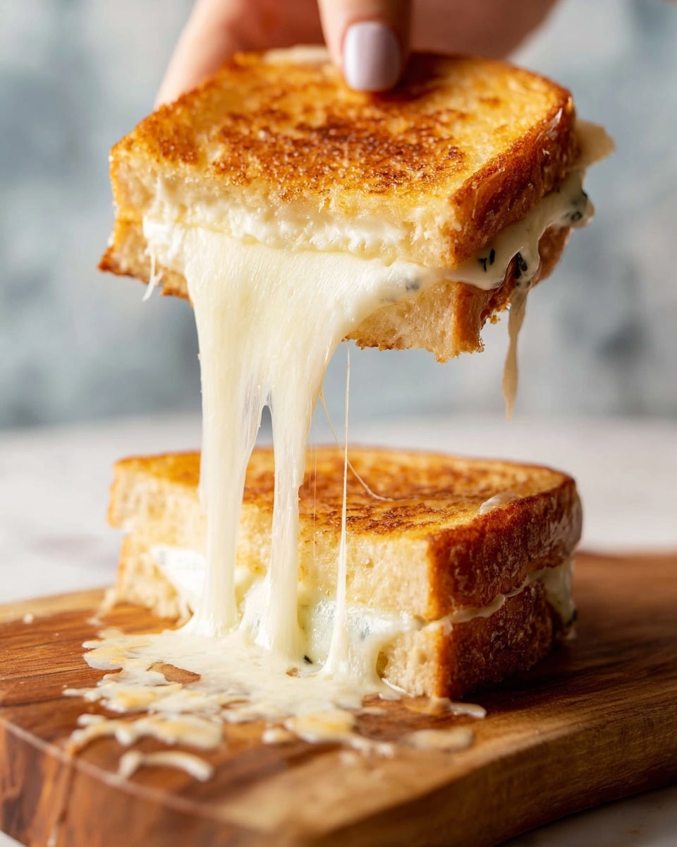 A close-up of a grilled sandwich held by a woman's hand, lifting the top slice to reveal thick, stretchy white melted cheese pulling between the two slices of golden-brown toasted bread. The sandwich has two main layers: the outer crispy warm bread with a light golden texture, and the inside soft, gooey, stringy cheese extending downward. The sandwich rests on a wooden board with some melted cheese around and a white marbled surface in the blurred background. Photo taken with an iphone --ar 4:5 --v 7