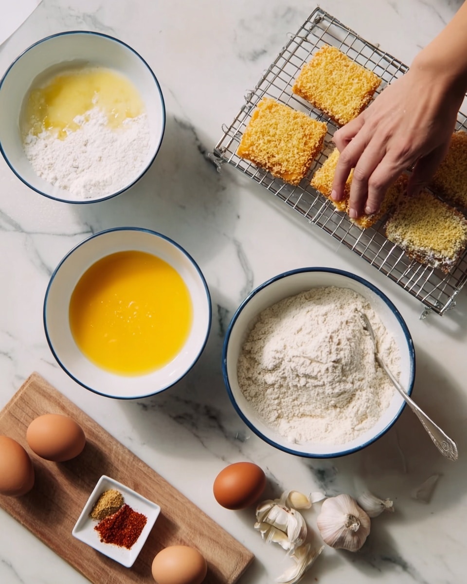 The image shows a white marbled surface with four white bowls with blue rims arranged around a metal rack holding three square breaded pieces. From top left clockwise, the first bowl has bright yellow beaten eggs, the second bowl contains white flour, the third bowl holds light yellow breadcrumbs where a woman's hand is pressing a piece of food, and the fourth bowl has white flour with three brown eggs next to it on a wooden board. There is also a small white dish with red and brown spices and three garlic cloves on the marble background. Photo taken with an iphone --ar 4:5 --v 7