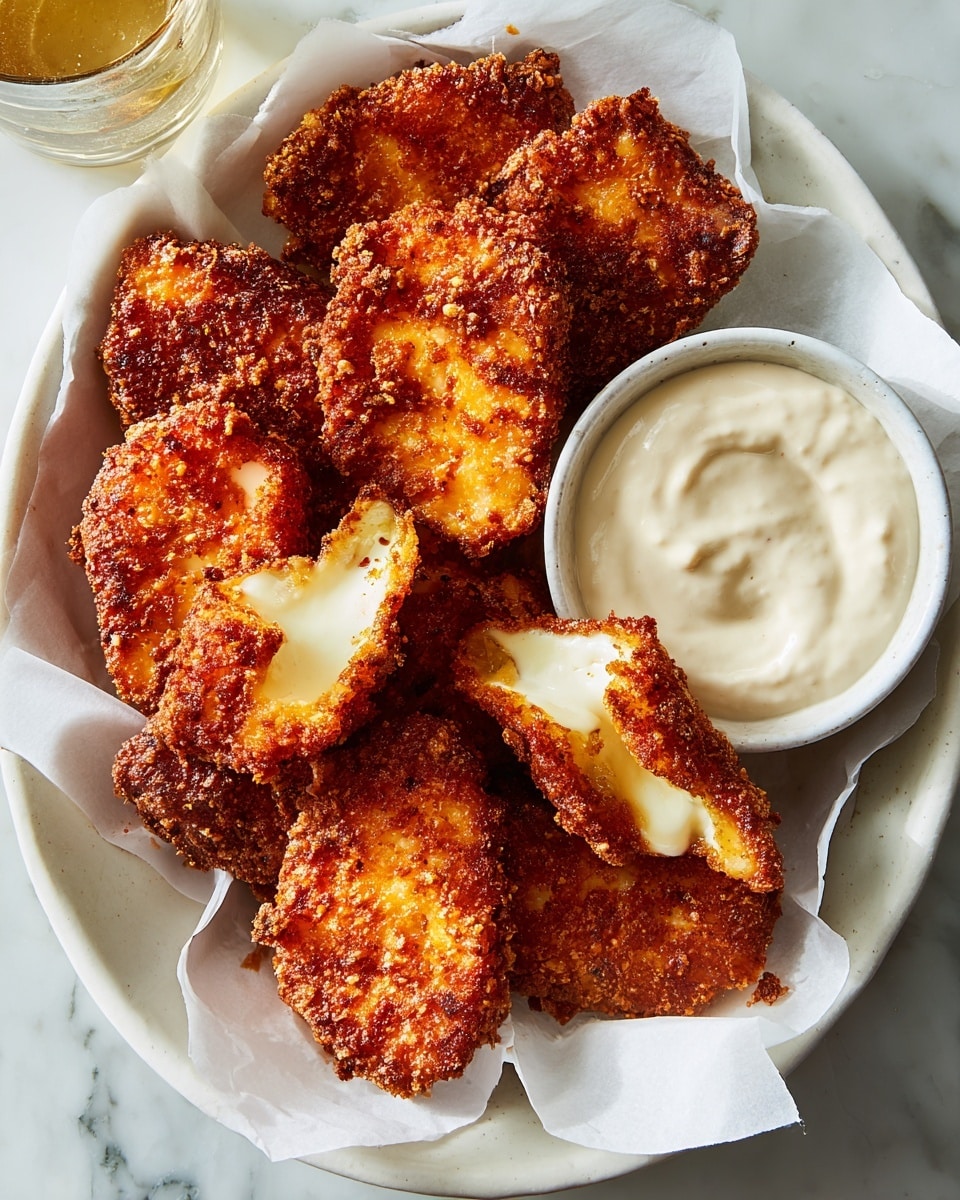 A white round plate filled with about seven or eight fried, crispy, reddish-brown pieces of cheese with a crunchy texture, one piece is broken open showing soft, melted white cheese inside. The plate is lined with white parchment paper. There is a small white bowl with a creamy white dipping sauce placed near the edge of the plate. The background surface is white marble. Photo taken with an iphone --ar 4:5 --v 7