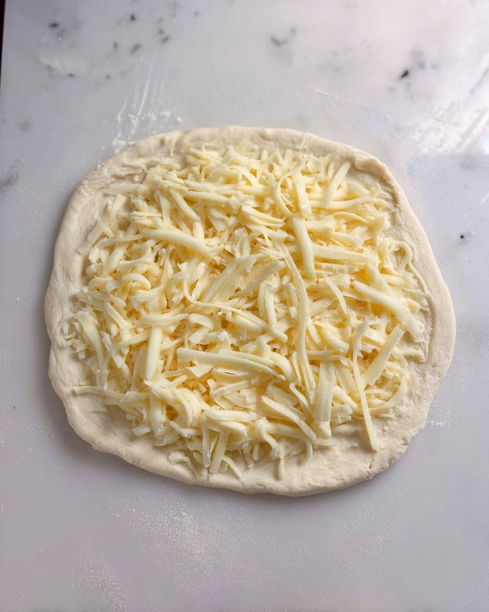 A round piece of pale dough with a slightly raised edge forms the base layer, sitting on a white marbled surface. On top, there is a layer of shredded light yellow cheese spread unevenly, mainly in the center, allowing the dough border to remain visible. The cheese pieces vary in length and curl softly, adding texture to the smooth dough underneath. Photo taken with an iphone --ar 4:5 --v 7