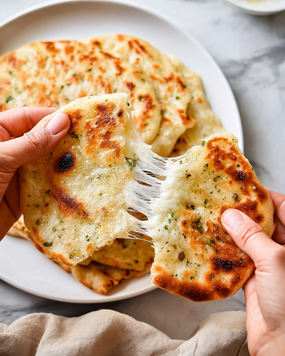 A close-up image shows a woman’s hands pulling apart a piece of flatbread filled with melted cheese. The flatbread is golden brown with some darker spots and has green herb specks on top. The inside reveals soft, white, stretchy cheese. In the background on a white plate, there are more pieces of flatbread, placed on a white marbled surface with a beige cloth nearby. The photo taken with an iphone --ar 4:5 --v 7