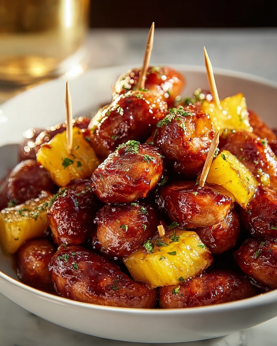 A white bowl filled with many small browned sausage pieces that are shiny with a thick glaze, mixed with bright yellow pineapple chunks. The sausages are stacked closely, and some pieces have tiny green herb bits sprinkled on them. Several wooden toothpicks are stuck into the sausage and pineapple pieces, ready for serving. The bowl is placed on a white marbled surface with warm light reflecting softly in the background, creating a cozy feel. Photo taken with an iphone --ar 4:5 --v 7