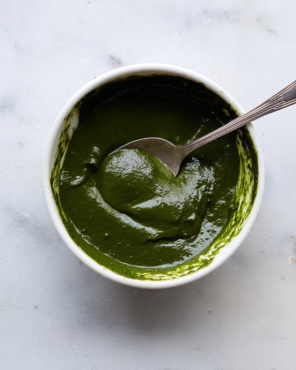 A white bowl filled with a thick, smooth dark green paste, slightly glossy in texture, with some uneven edges where the paste sticks to the inside of the bowl. A metal spoon with a shiny, reflective surface rests inside the bowl, partially covered in the green paste. The bowl is placed on a white marbled surface, creating a clean and bright background photo taken with an iphone --ar 4:5 --v 7