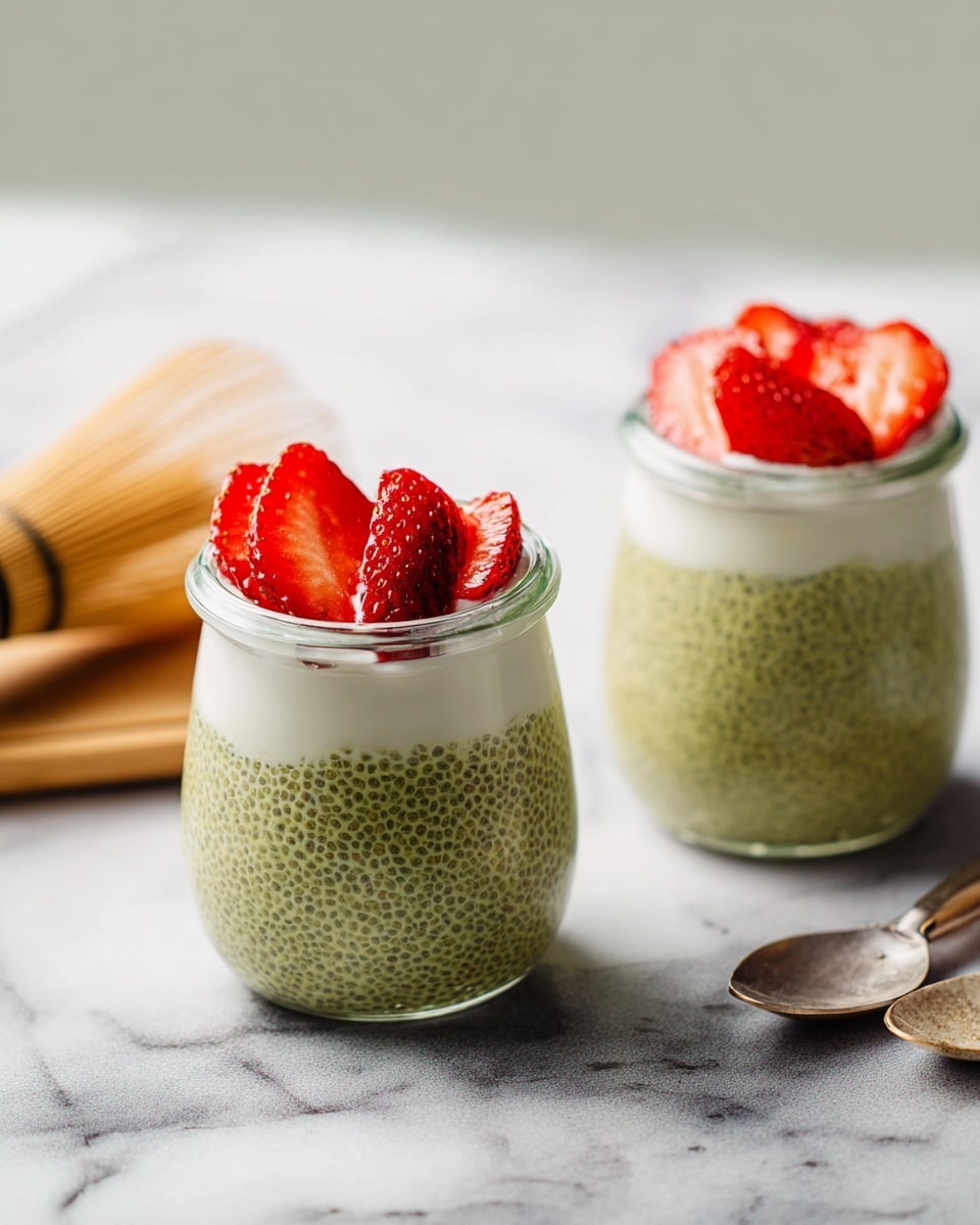 Two small clear glass jars sit on a white marbled surface, each filled with a bottom layer of green chia pudding with a thick, slightly bumpy texture from visible seeds. On top of the chia pudding is a smooth, creamy white layer that fills the jars nearly to the rim. Each jar is garnished with three halved strawberries, showing their bright red color and small seeds. In the background, there is a bamboo whisk and a wooden spoon blurred softly, adding a natural touch to the scene. Photo taken with an iphone --ar 4:5 --v 7