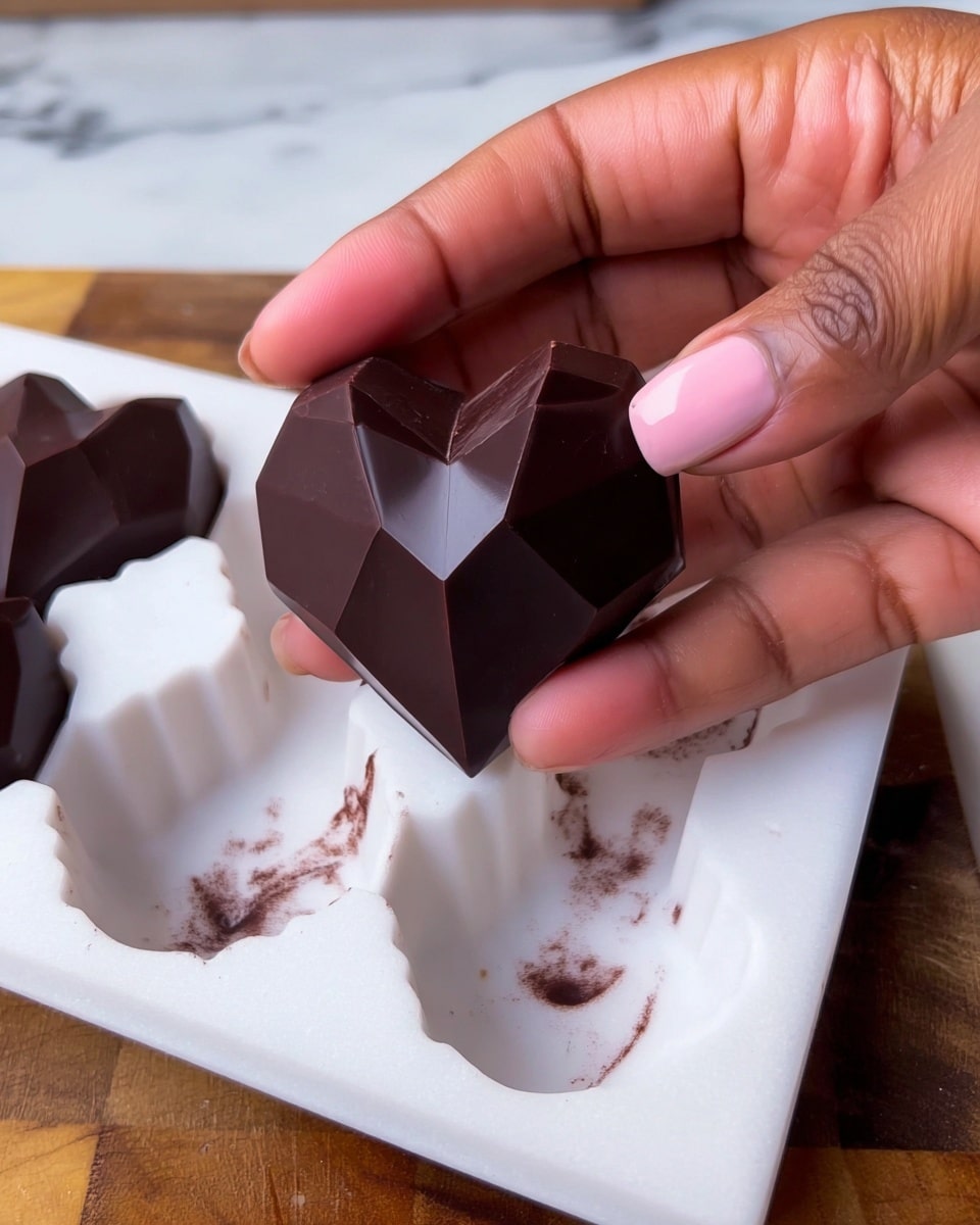 A close-up of a woman's hand holding a dark brown, shiny, faceted chocolate piece shaped like a heart with geometric angles. The chocolate is coming out of a white mold tray that has a few more empty cavities shaped like the same chocolate. The tray rests on a wooden surface with some chocolate smudges on it. The background is a white marbled texture. photo taken with an iphone --ar 4:5 --v 7