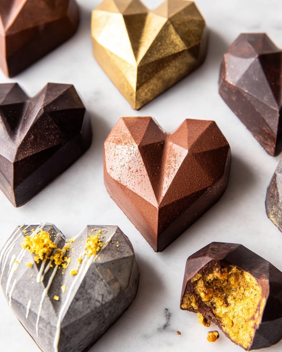 The image shows several geometric heart-shaped chocolates arranged on a white marbled surface. Each heart has a faceted, gem-like texture with sharp edges and flat planes. The chocolates vary in color: some are dark brown with a smooth shiny finish, others have a metallic golden or bronze dusting on top, and one is silver-gray with a white drizzle and yellow crumbly decoration on one side. One heart in the bottom right corner is broken open, revealing a textured golden filling inside. The chocolates are scattered loosely with no specific pattern, creating a rich visual mix of colors and details. photo taken with an iphone --ar 4:5 --v 7
