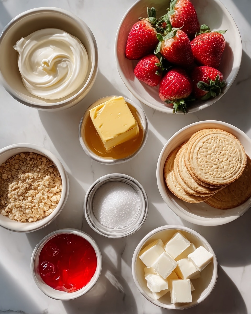 The image shows nine small white bowls and plates arranged closely on a white marbled surface, each containing different ingredients. The top right bowl is filled with bright red strawberries with green leaves. Below it, a plate holds a rectangular yellow block of butter. To the left of the butter, a bowl contains white cream with a smooth, swirled texture. Above the cream, a smaller bowl holds golden honey. On the bottom right, a bowl shows bright red jelly. Next to the jelly, a bowl contains white granulated sugar. Below the sugar bowl, there is a bowl with white cube-shaped cheese pieces. To the left, a bowl has light brown crumbly granola. Above the granola, a bowl contains several round, beige cookies with embossed patterns on top. The light creates soft shadows on the ingredients and bowls. photo taken with an iphone --ar 4:5 --v 7