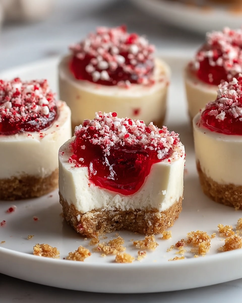 The image shows round mini cheesecake bites arranged on a white plate with a white marbled background. Each cheesecake bite has three layers: a crumbly light brown crust at the bottom, a thick smooth white creamy middle layer, and a topping of bright red jelly studded with small red and white crumb sprinkles. One cheesecake bite in the front has a small bite taken out, showing the inside filled with a glossy deep red jelly center. Crumbs are scattered around the plate, adding texture to the scene. The focus is sharp on the front cheesecake bite, with the others softly blurred in the background. Photo taken with an iphone --ar 4:5 --v 7