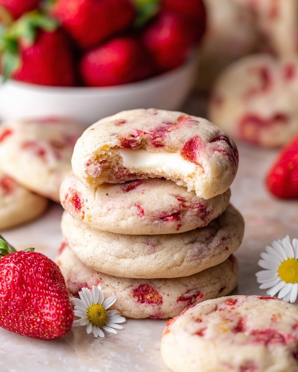 A stack of soft cookies with visible red strawberry bits mixed through. The top cookie in the stack has a bite taken out, showing a creamy white filling inside. Around the stack, more cookies lay scattered, all showing the same strawberry pattern. At the base, a halved fresh strawberry and a small daisy flower add color and freshness. In the background, a white bowl is filled with whole fresh strawberries, all set on a white marbled surface photo taken with an iphone --ar 4:5 --v 7