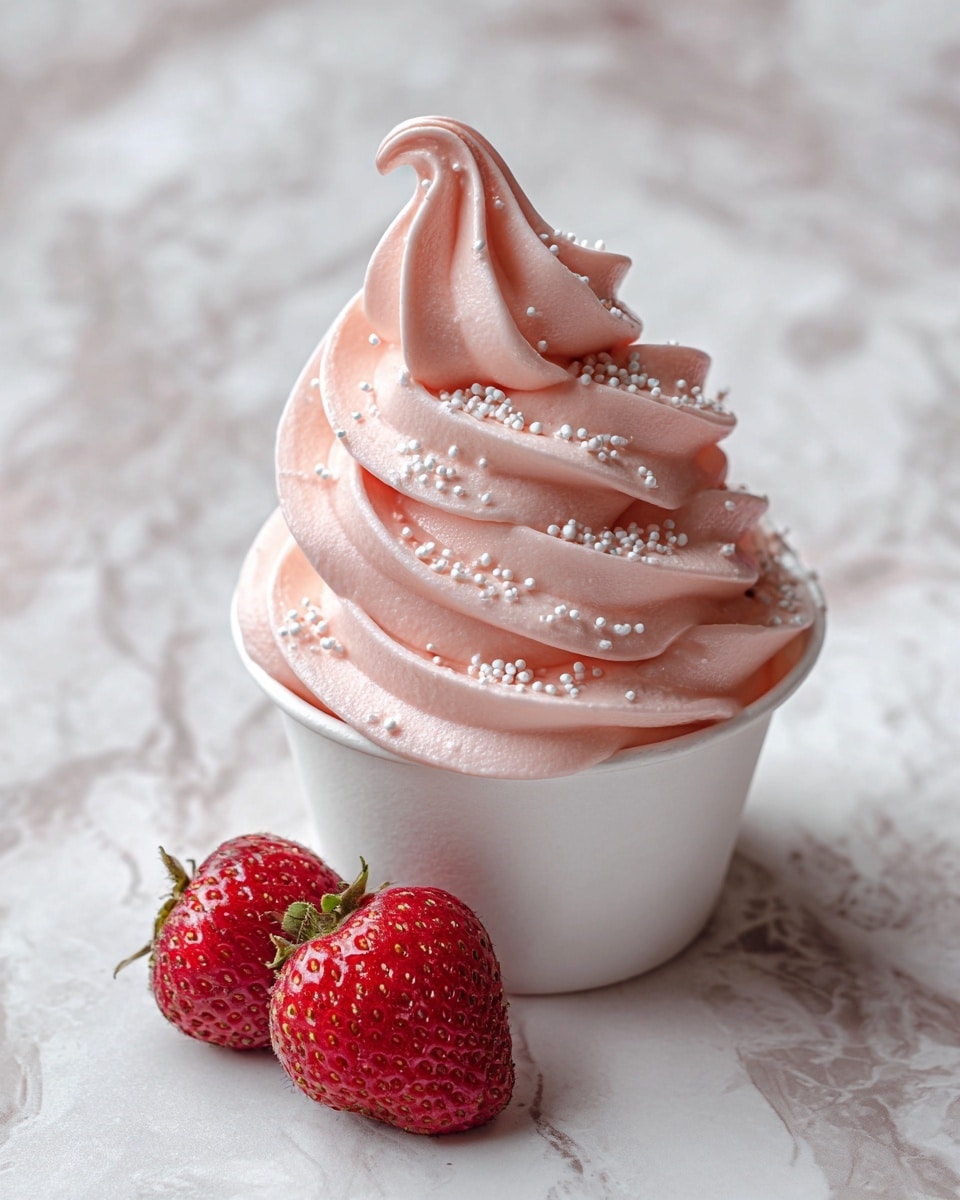 A white cup filled with a creamy pink soft serve swirled in three thick layers, topped with small white powder sprinkles, and two fresh red strawberries placed behind the swirl, all set on a white marbled surface. photo taken with an iphone --ar 4:5 --v 7