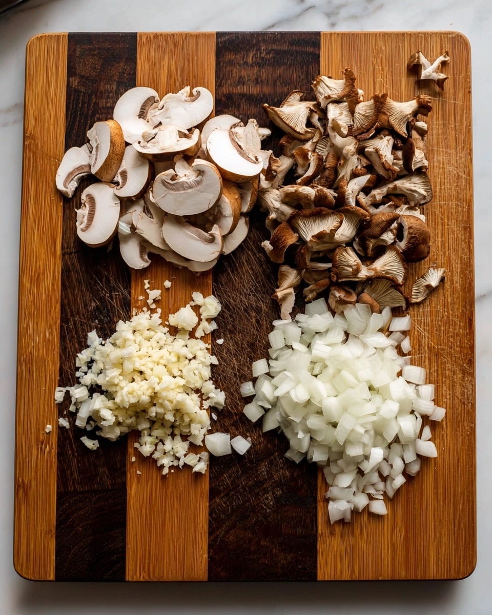 The image shows four small piles of chopped ingredients neatly arranged on a wooden cutting board with dark brown lines. From left to right, the first pile is sliced white and brown mushrooms with smooth white insides and light brown caps. Next to it is a pile of thinly sliced darker brown mushrooms with a rougher texture. To the right, there is a small pile of finely chopped white garlic pieces, and lastly, a larger pile of diced white onions with a slightly translucent look. The background is a white marbled surface. photo taken with an iphone --ar 4:5 --v 7