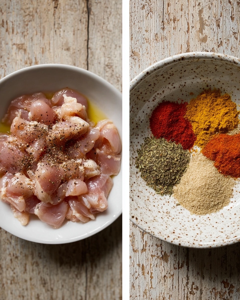The image shows two white dishes on a worn wooden surface. The first white dish on the left is filled with pieces of raw pink chicken, each piece sprinkled with black pepper, and coated lightly in oil. The second white bowl on the right has seven different colorful spices arranged neatly in small piles inside it, including a bright yellow spice, a bright red-orange spice, green dried herbs, and beige powders, all held in a speckled white bowl. The setting is simple and clean. Photo taken with an iphone --ar 4:5 --v 7